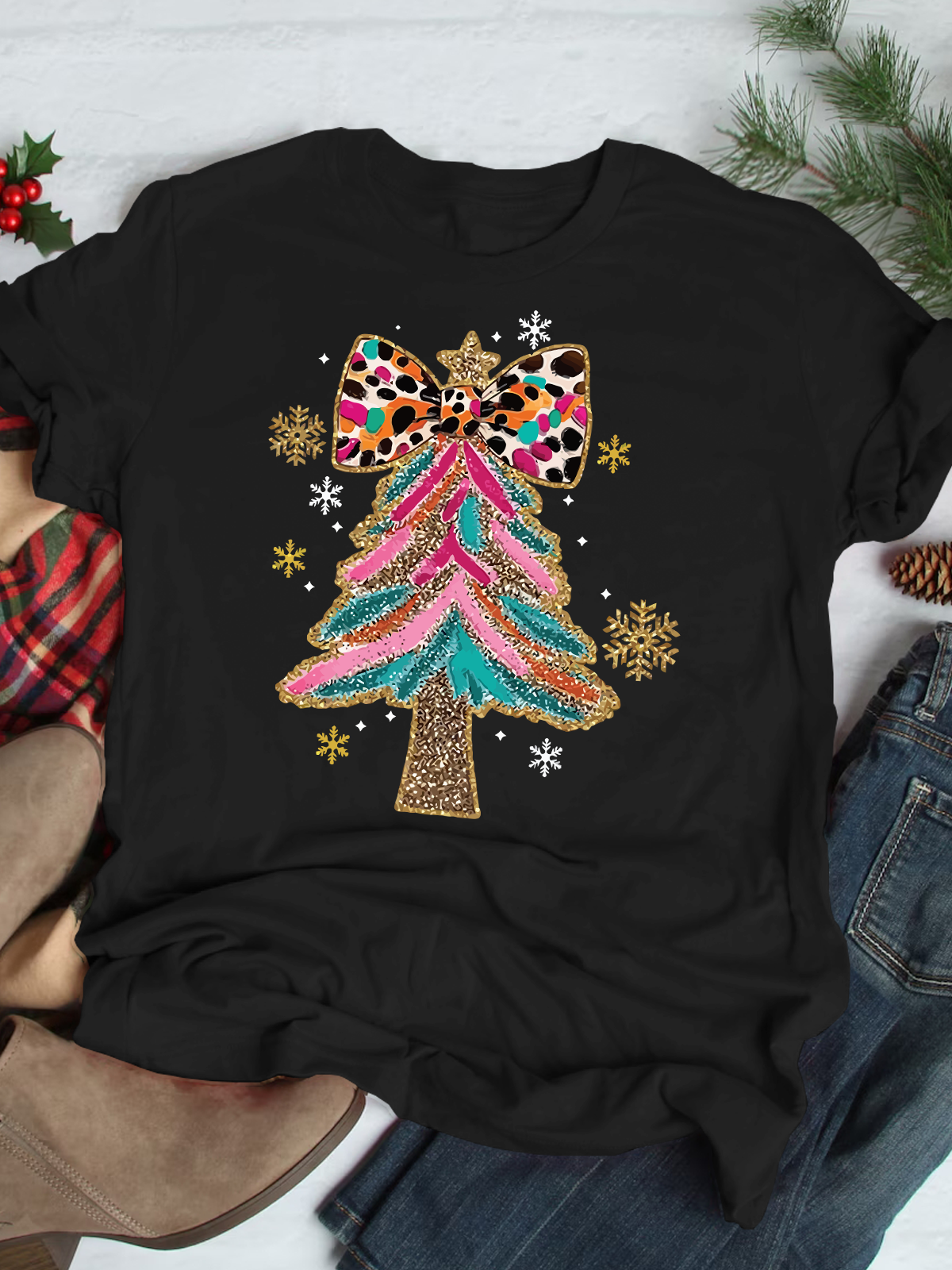 Colorful Glitter Reindeer Short Sleeves Tee