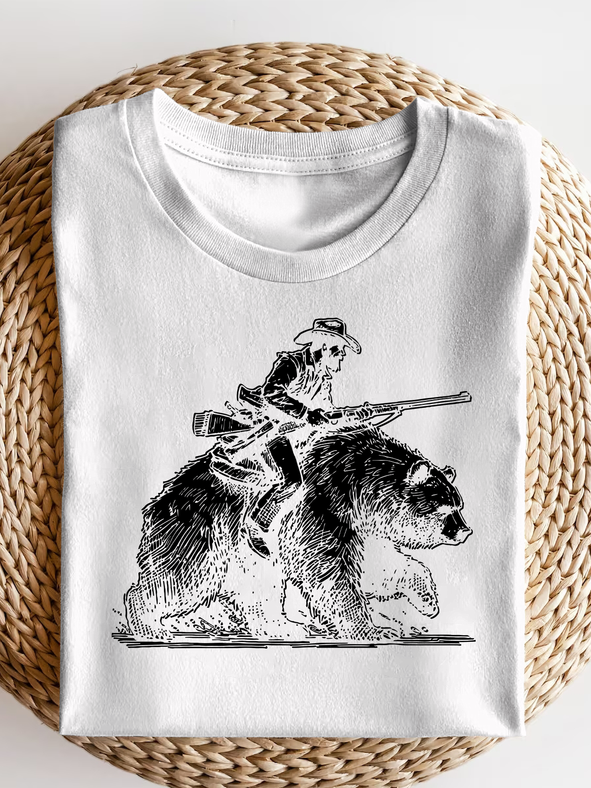 Retro Lumberjack Cowboy Riding A Bear Short Sleeves Tee