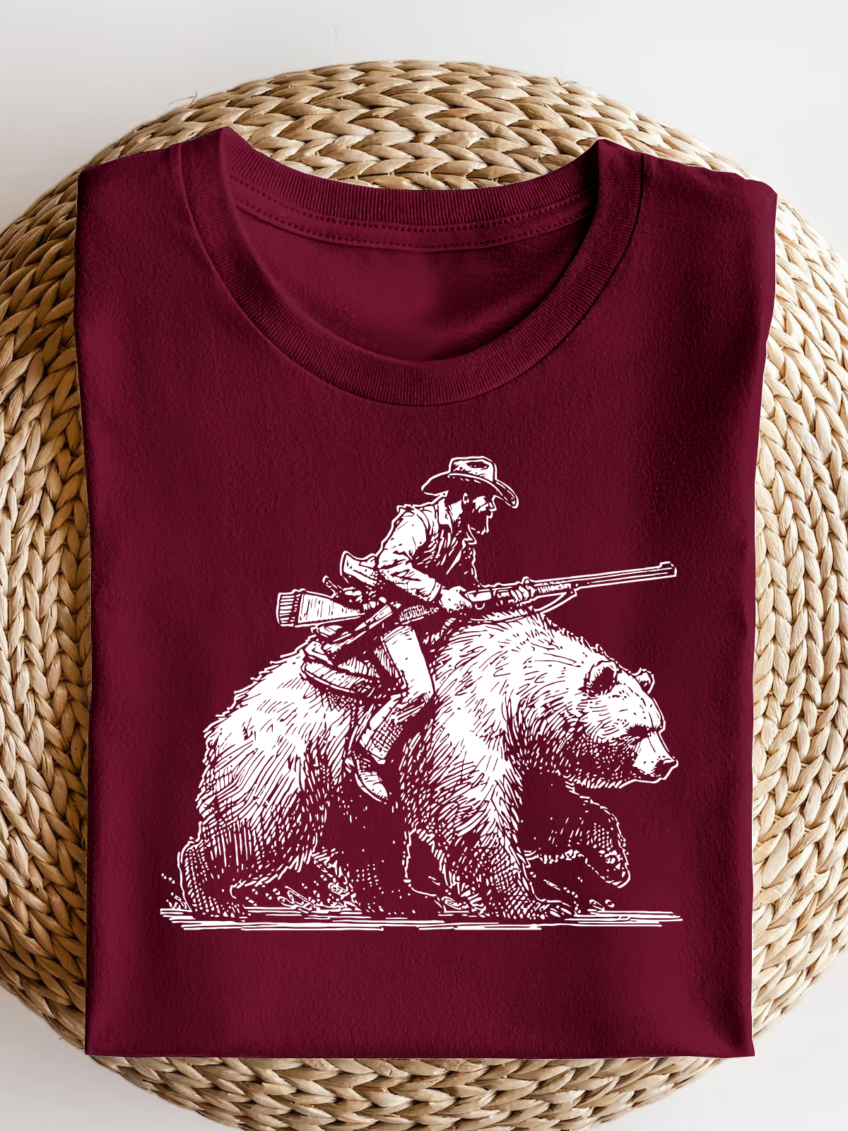 Retro Lumberjack Cowboy Riding A Bear Short Sleeves Tee