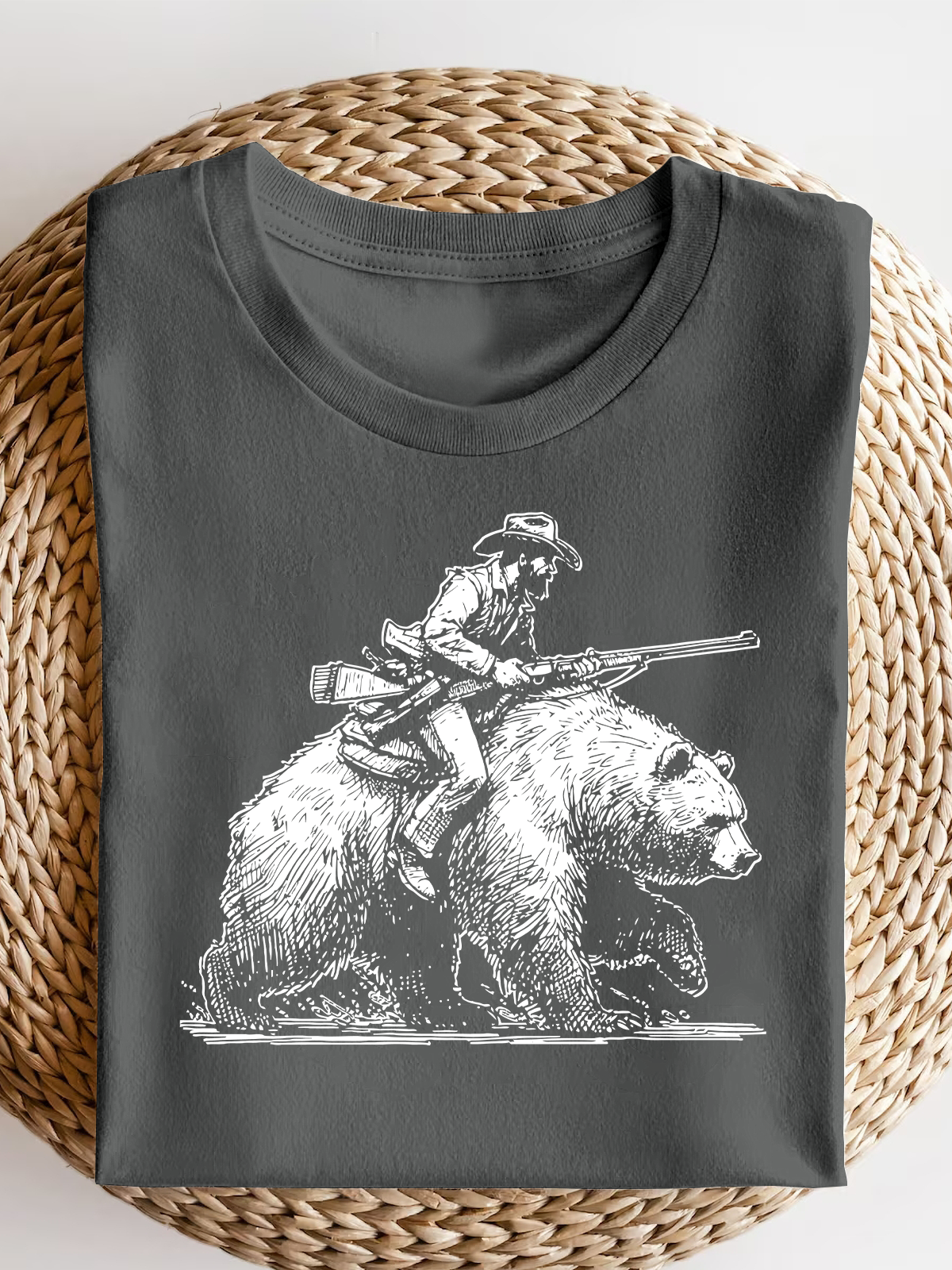 Retro Lumberjack Cowboy Riding A Bear Short Sleeves Tee