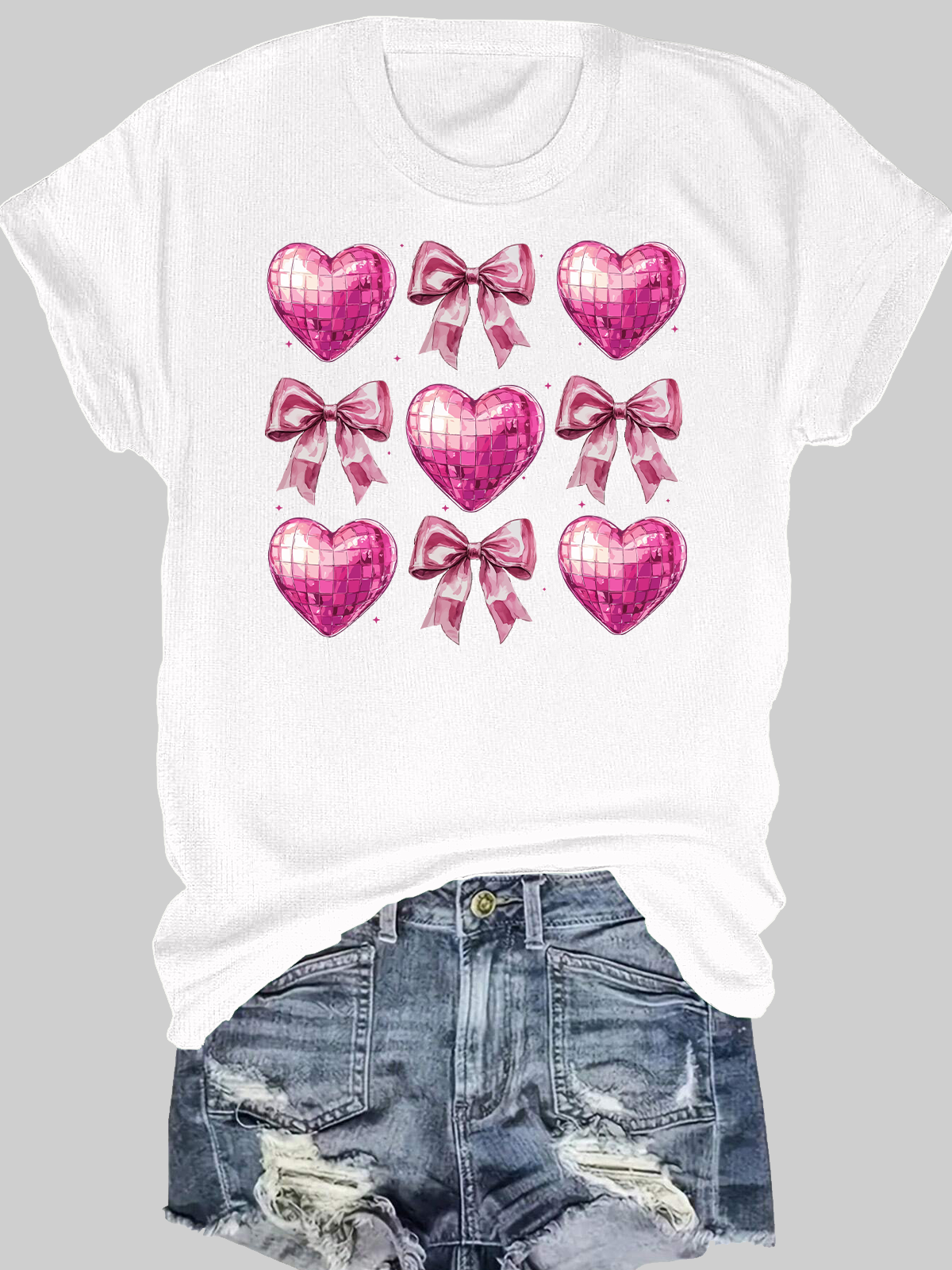 Valentines Day Disco Heart Bow Short Sleeves Tee