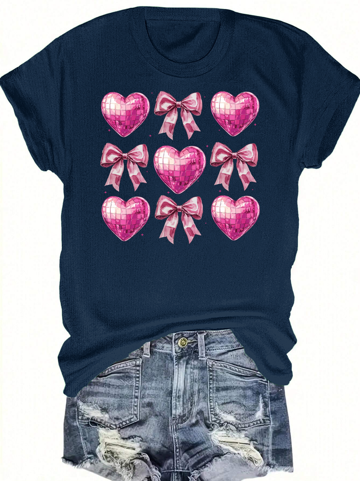 Valentines Day Disco Heart Bow Short Sleeves Tee