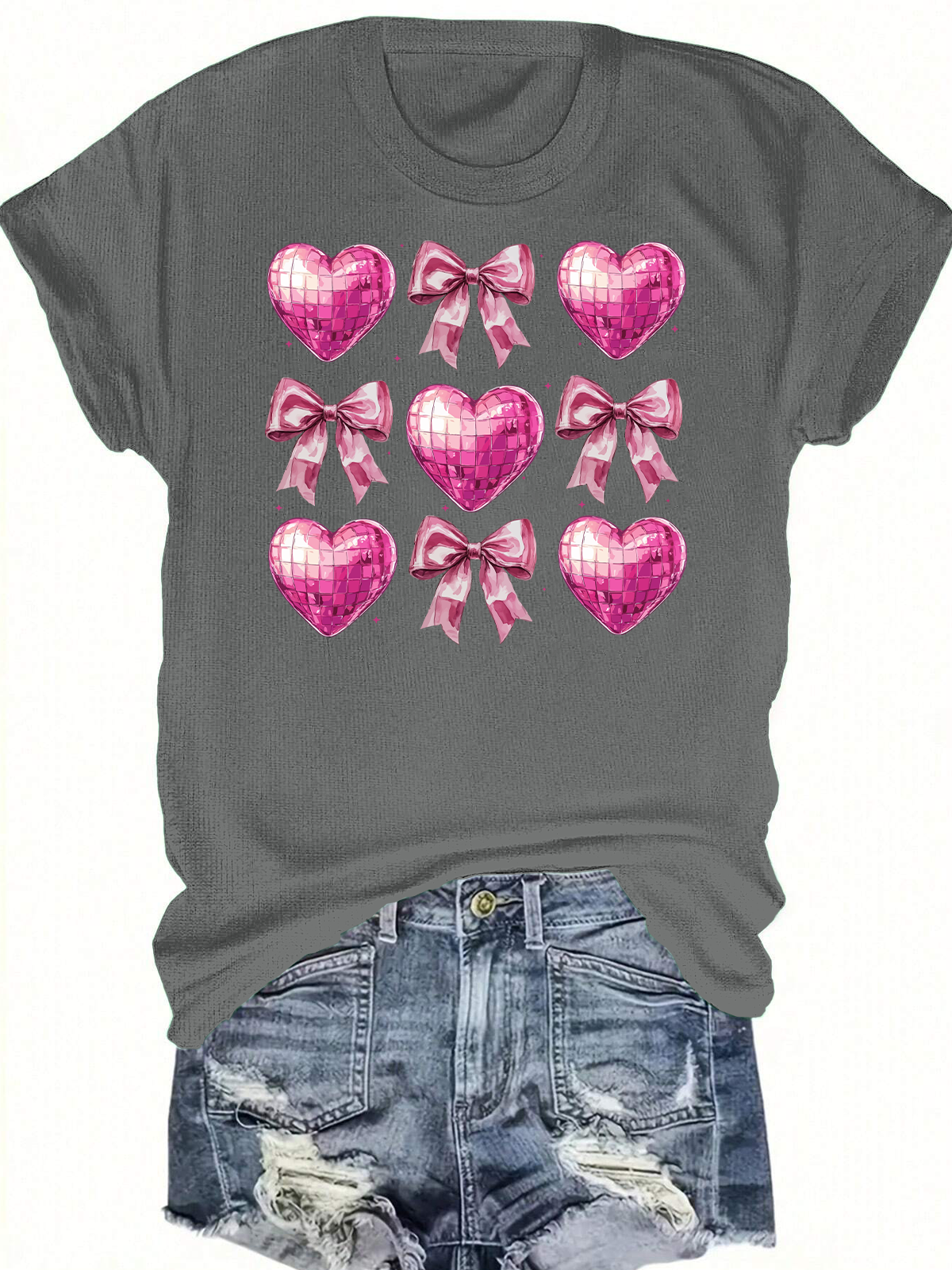 Valentines Day Disco Heart Bow Short Sleeves Tee